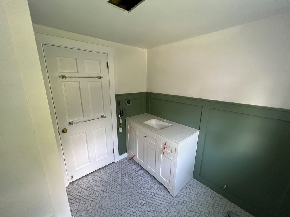 Green Boiserie Bath with Hex Floor